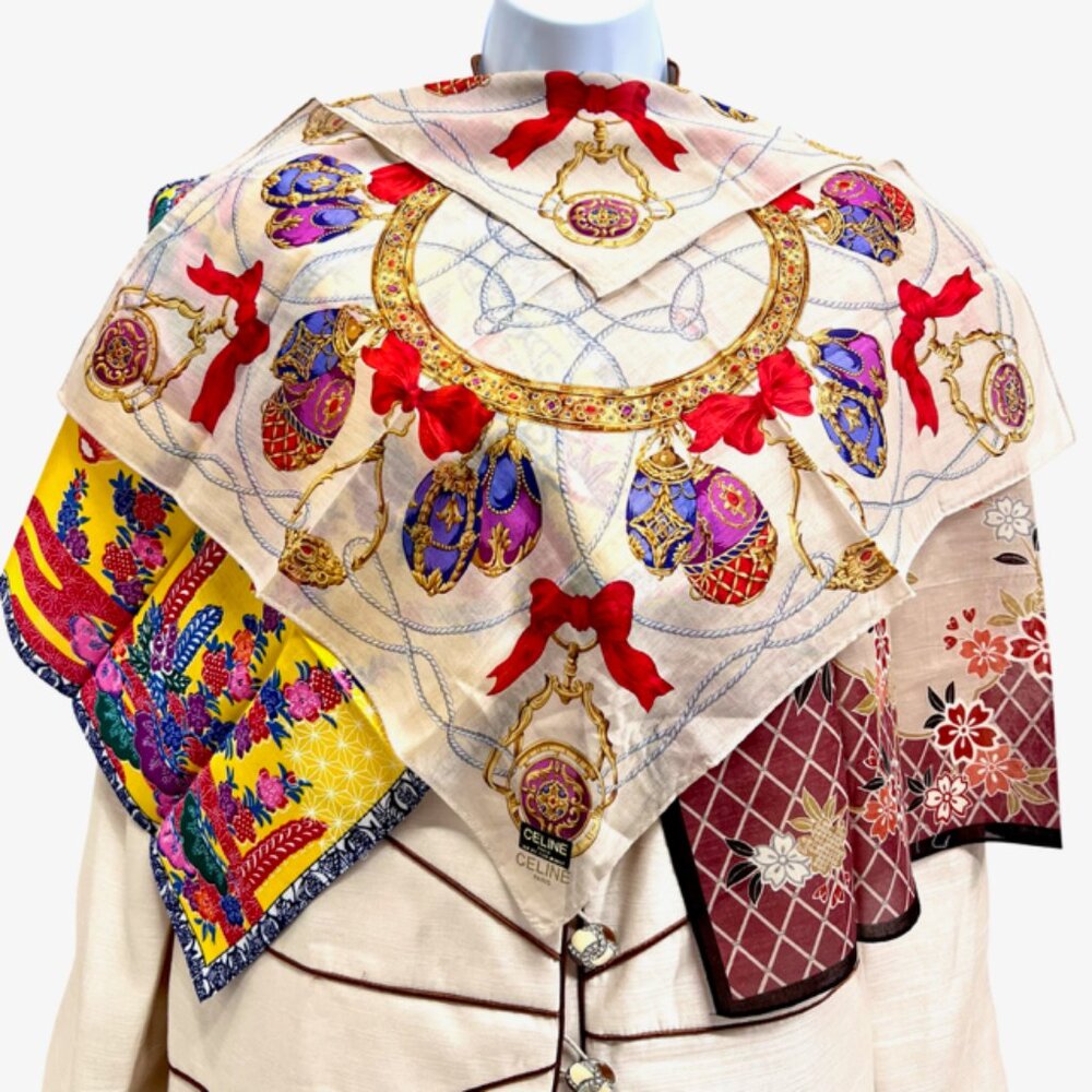 New Sticker On Celine Paris 19"MiniScarf/Handk+2 Other Beige floral  cotton (5 - Picture 2 of 11